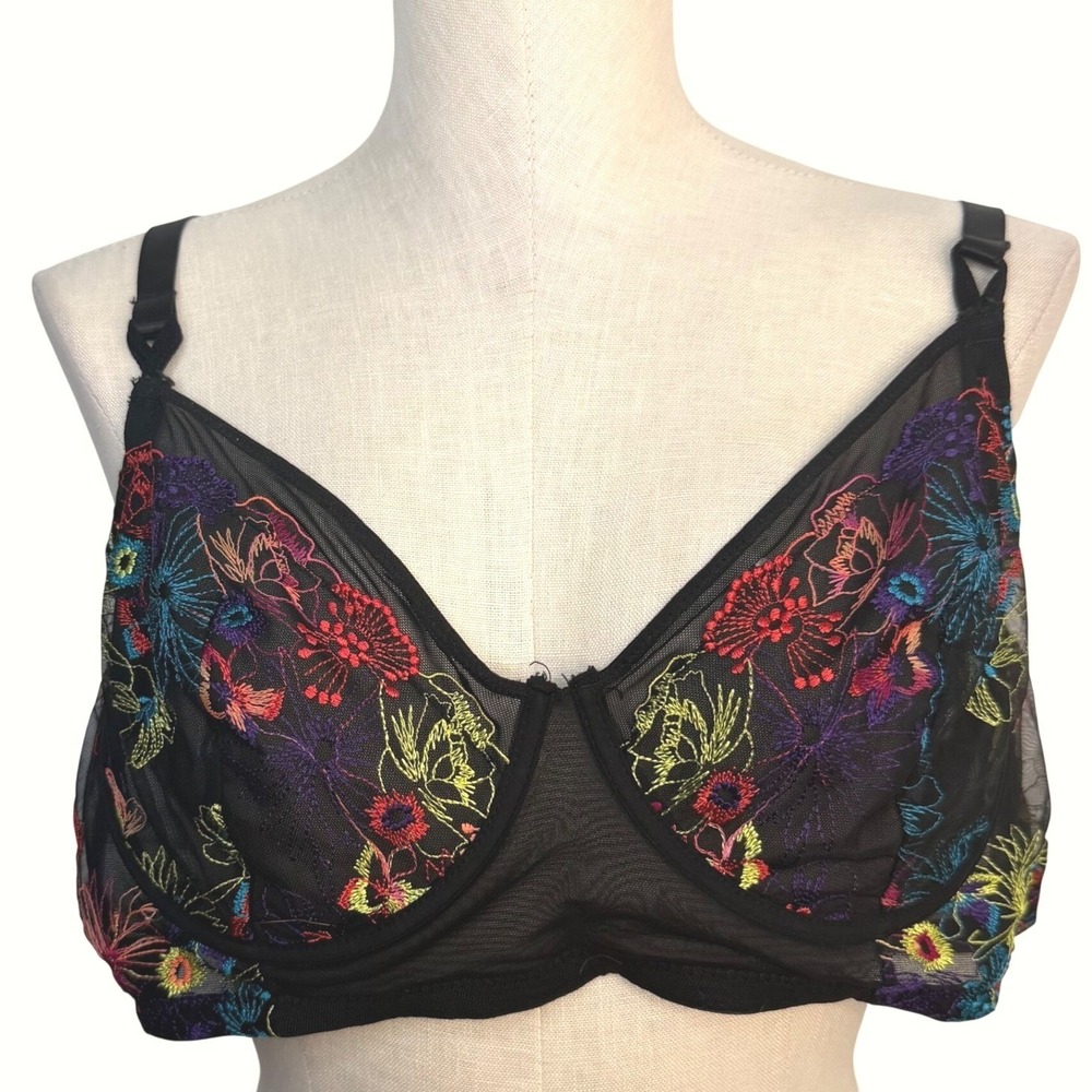 Premiere Black Floral Embroidered Sheer Mesh Underwire Bra Plus Size 3X